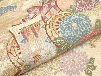 平和屋本店▼六通柄袋帯　唐織　山菊孔雀文　本金二重箔　正絹　逸品　CABM7024tx