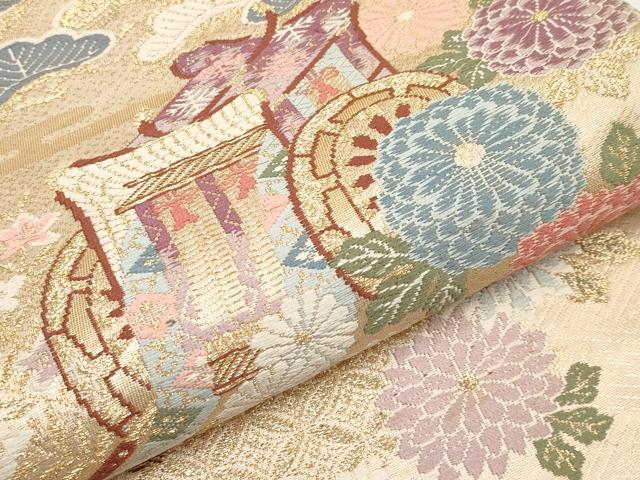 平和屋本店▼六通柄袋帯　唐織　山菊孔雀文　本金二重箔　正絹　逸品　CABM7024tx