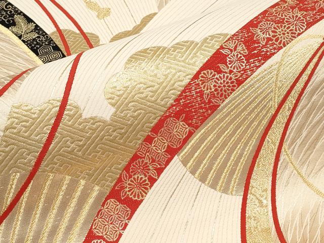 平和屋本店▼六通柄袋帯　唐織　扇面結び紐花文　本金二丁箔九百錦　正絹　逸品　未使用　CABM7028tx
