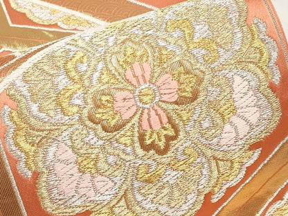 平和屋本店▼六通柄袋帯　唐織　琥珀緞子　本金箔24K　正絹　逸品　CABM7029tx