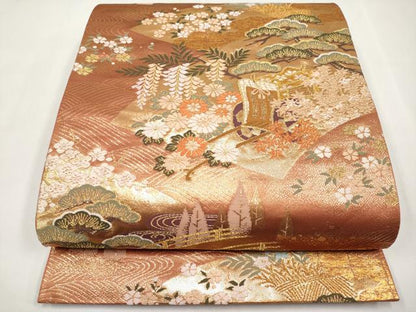 平和屋本店▼六通柄袋帯　唐織　地紙草御所車花文　本金箔　正絹　逸品　CABM7033tx