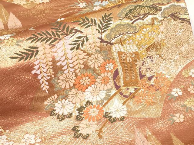 平和屋本店▼六通柄袋帯　唐織　地紙草御所車花文　本金箔　正絹　逸品　CABM7033tx