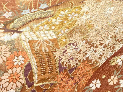 平和屋本店▼六通柄袋帯　唐織　地紙草御所車花文　本金箔　正絹　逸品　CABM7033tx