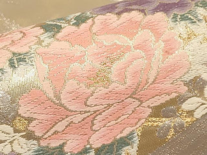 平和屋本店▼六通柄袋帯　唐織　流水籬草花文　弐拾四金二重織　正絹　逸品　CABM7034tx