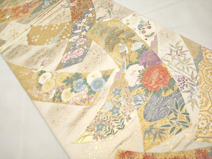 平和屋本店▼六通柄袋帯　唐織　桃山花鳥短冊文　本金箔　正絹　逸品　CABM7039tx
