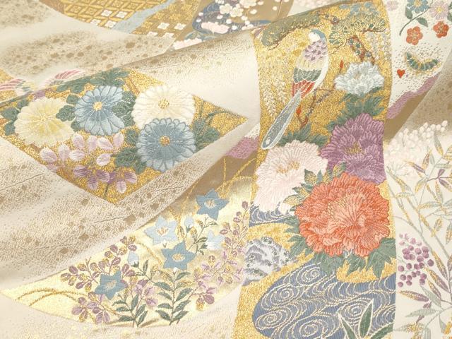 平和屋本店▼六通柄袋帯　唐織　桃山花鳥短冊文　本金箔　正絹　逸品　CABM7039tx