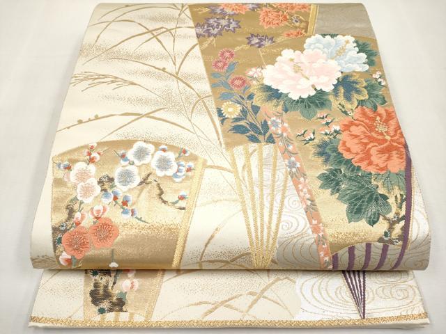 平和屋本店▼六通柄袋帯　唐織　琳派扇面重ね文　九百本金箔　正絹　逸品　CABM7041tx