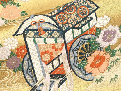 平和屋本店▼六通柄袋帯　唐織　御所車花鳥文　本金摺箔二重織　正絹　逸品　CABM7047tx