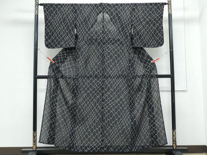 平和屋着物＊夏物　小紋　絽　抽象紋様　黒地　正絹　逸品　CABM7314th
