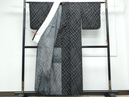 平和屋着物＊夏物　小紋　絽　抽象紋様　黒地　正絹　逸品　CABM7314th