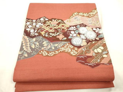平和屋着物●中国三大刺繍　蘇州刺繍　総刺繍　雲娥導　太鼓柄袋帯　紬地　草花文　正絹　逸品　CABM7602dy