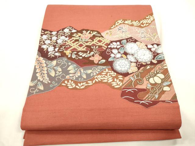 平和屋着物●中国三大刺繍　蘇州刺繍　総刺繍　雲娥導　太鼓柄袋帯　紬地　草花文　正絹　逸品　CABM7602dy