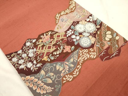 平和屋着物●中国三大刺繍　蘇州刺繍　総刺繍　雲娥導　太鼓柄袋帯　紬地　草花文　正絹　逸品　CABM7602dy