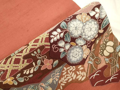 平和屋着物●中国三大刺繍　蘇州刺繍　総刺繍　雲娥導　太鼓柄袋帯　紬地　草花文　正絹　逸品　CABM7602dy