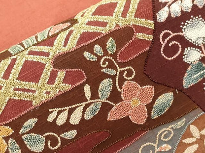 平和屋着物●中国三大刺繍　蘇州刺繍　総刺繍　雲娥導　太鼓柄袋帯　紬地　草花文　正絹　逸品　CABM7602dy