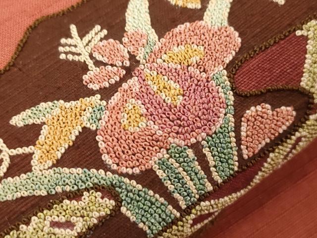 平和屋着物●中国三大刺繍　蘇州刺繍　総刺繍　雲娥導　太鼓柄袋帯　紬地　草花文　正絹　逸品　CABM7602dy