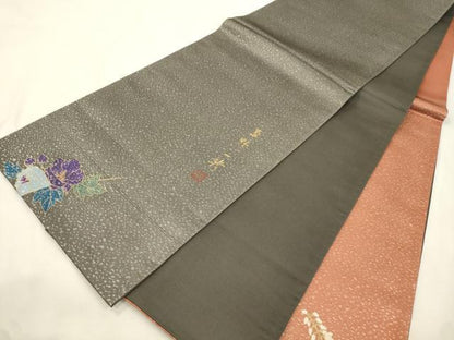 平和屋着物●染色作家　草野一騎　太鼓柄袋帯　草花文　正絹　逸品　CABM7606dy