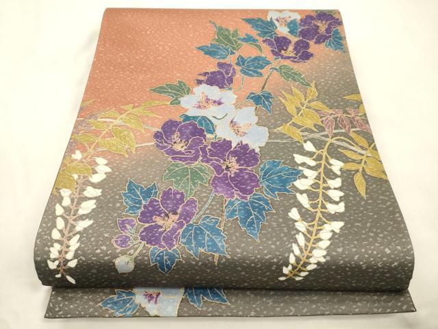 平和屋着物●染色作家　草野一騎　太鼓柄袋帯　草花文　正絹　逸品　CABM7606dy