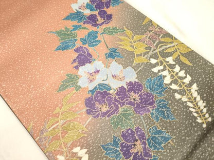 平和屋着物●染色作家　草野一騎　太鼓柄袋帯　草花文　正絹　逸品　CABM7606dy