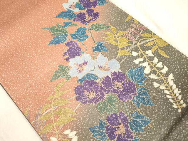 平和屋着物●染色作家　草野一騎　太鼓柄袋帯　草花文　正絹　逸品　CABM7606dy