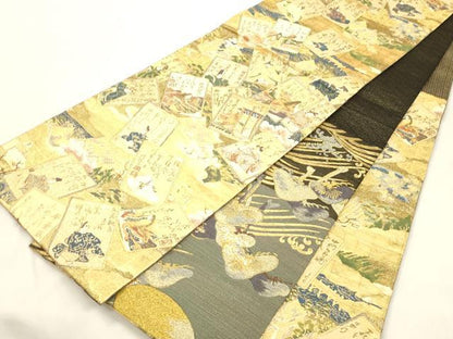 平和屋着物●両面　六通柄袋帯　琳派宗達松図　平安百人一首　金糸　正絹　逸品　未使用　CABM7615dy　