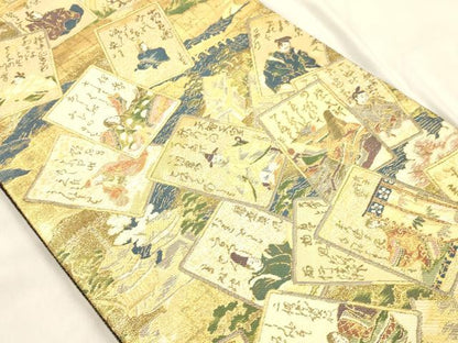 平和屋着物●両面　六通柄袋帯　琳派宗達松図　平安百人一首　金糸　正絹　逸品　未使用　CABM7615dy　