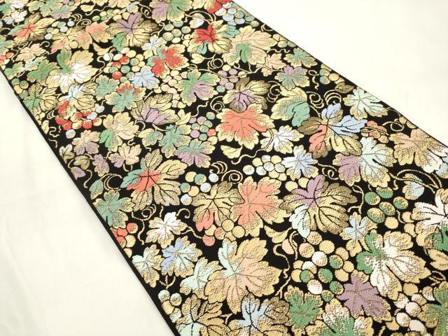 平和屋着物●六通柄　本袋帯　別織　彩園葡萄文　黒地　金糸　正絹　逸品　未使用　CABM7645dy