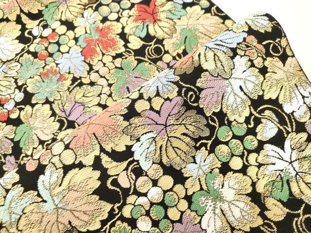 平和屋着物●六通柄　本袋帯　別織　彩園葡萄文　黒地　金糸　正絹　逸品　未使用　CABM7645dy