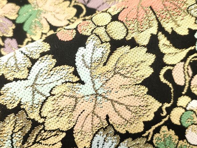 平和屋着物●六通柄　本袋帯　別織　彩園葡萄文　黒地　金糸　正絹　逸品　未使用　CABM7645dy