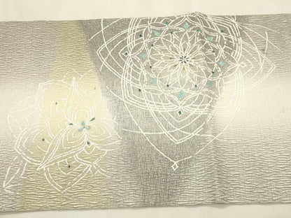 平和屋着物▽太鼓柄袋帯　スリーシーズン　春夏秋　幾何学文　銀糸　正絹　逸品　CABM7658dy