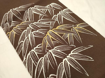 平和屋着物●京都祇園の老舗　ぎをん齋藤　つけ帯　手描き　笹文　黒茶色　金彩　鬼しぼ縮緬　たとう紙付き　正絹　逸品　CABM7673dy