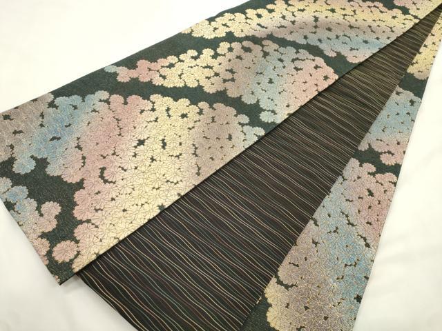 平和屋着物●両面　全通柄袋帯　ろうけつ手染　和紙織　花尽し文　金糸　正絹　逸品　CABM7684dy