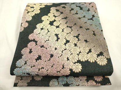 平和屋着物●両面　全通柄袋帯　ろうけつ手染　和紙織　花尽し文　金糸　正絹　逸品　CABM7684dy