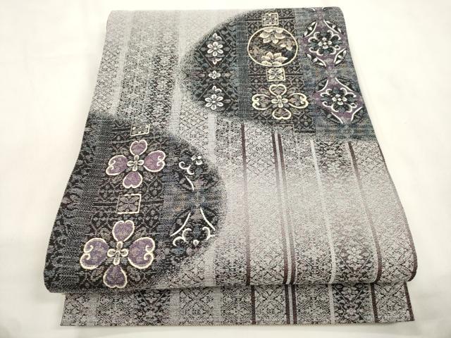 平和屋着物●西陣　とみや織物謹製　とみや帯　両面　全通柄袋帯　点描織　紬の里　葡萄染糸　幾何学花文　長尺　正絹　逸品　CABM7685dy