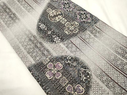 平和屋着物●西陣　とみや織物謹製　とみや帯　両面　全通柄袋帯　点描織　紬の里　葡萄染糸　幾何学花文　長尺　正絹　逸品　CABM7685dy
