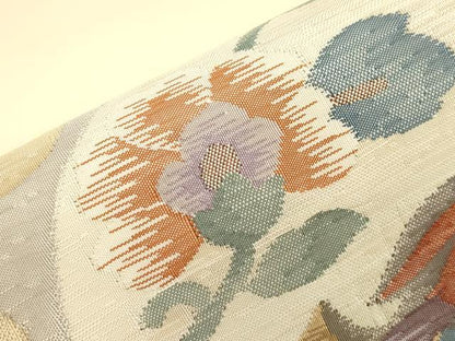 平和屋着物●太鼓柄袋帯　すくい織　向い鳥花文　正絹　逸品　CABM7698dy