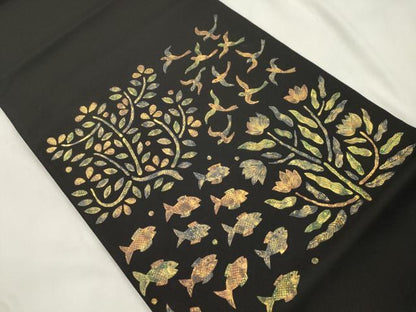 平和屋着物●澤屋重兵衛　太鼓柄袋帯　魚　花鳥文　黒地　金彩　正絹　逸品　CABM7708dy