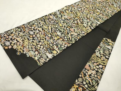 平和屋着物●六通柄袋帯　唐織　飛鶴宝尽くし文　黒地　金銀糸　正絹　逸品　CABM7715dy