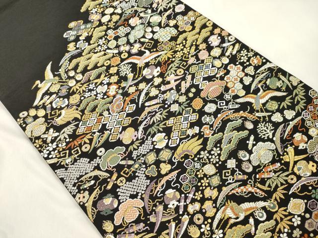 平和屋着物●六通柄袋帯　唐織　飛鶴宝尽くし文　黒地　金銀糸　正絹　逸品　CABM7715dy