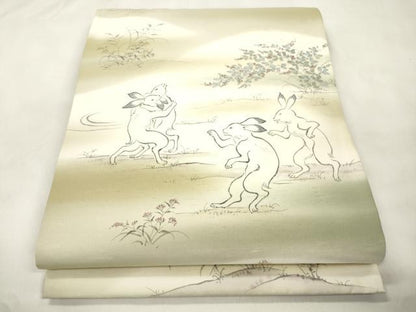 平和屋着物●全通柄袋帯　手描き　紬地　鳥獣戯画　正絹　逸品　CABM7727dy