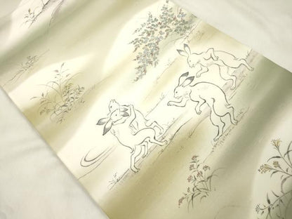 平和屋着物●全通柄袋帯　手描き　紬地　鳥獣戯画　正絹　逸品　CABM7727dy