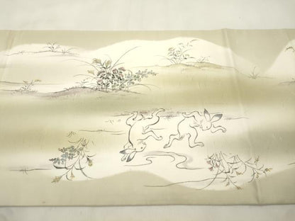 平和屋着物●全通柄袋帯　手描き　紬地　鳥獣戯画　正絹　逸品　CABM7727dy