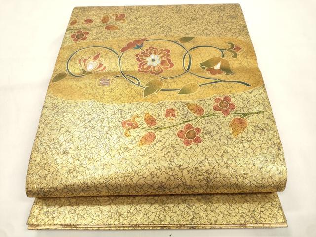 平和屋着物▼両面　太鼓柄袋帯　螺鈿　草花文　金糸　正絹　逸品　CABM7787dy