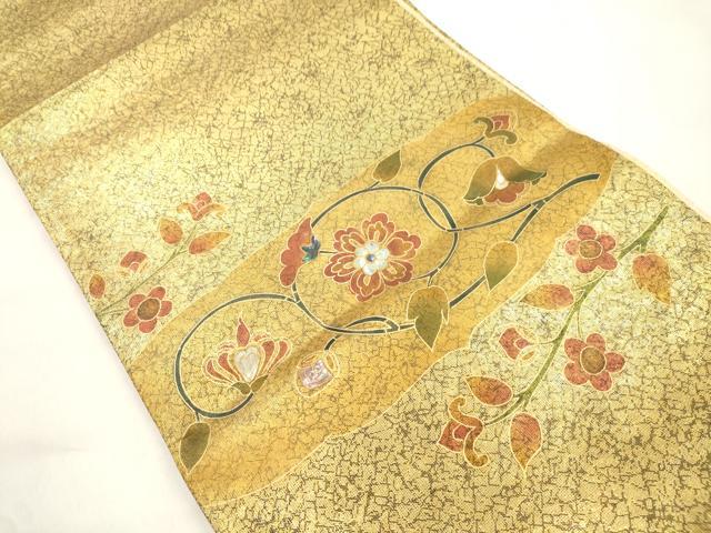 平和屋着物▼両面　太鼓柄袋帯　螺鈿　草花文　金糸　正絹　逸品　CABM7787dy