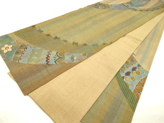 平和屋着物●中国三大刺繍　スワトウ刺繍　総刺繍　袋帯　紬地　幾何学花文　金糸　正絹　逸品　CABM7789dy