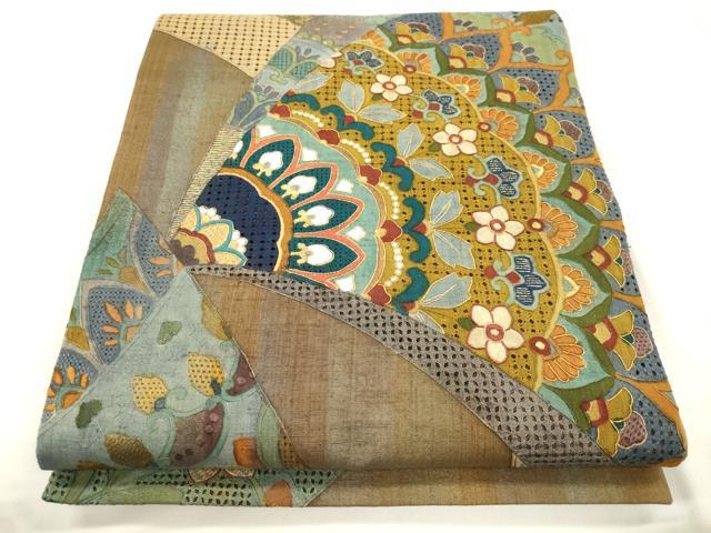 平和屋着物●中国三大刺繍　スワトウ刺繍　総刺繍　袋帯　紬地　幾何学花文　金糸　正絹　逸品　CABM7789dy