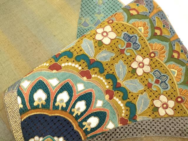 平和屋着物●中国三大刺繍　スワトウ刺繍　総刺繍　袋帯　紬地　幾何学花文　金糸　正絹　逸品　CABM7789dy