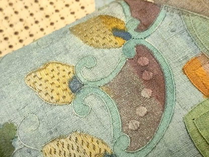 平和屋着物●中国三大刺繍　スワトウ刺繍　総刺繍　袋帯　紬地　幾何学花文　金糸　正絹　逸品　CABM7789dy