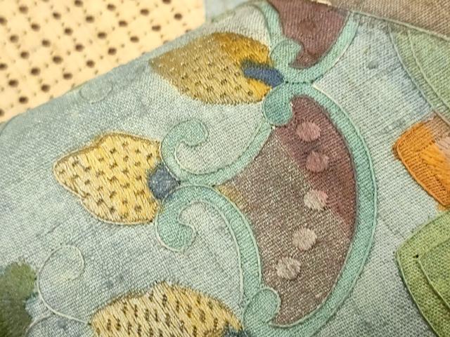 平和屋着物●中国三大刺繍　スワトウ刺繍　総刺繍　袋帯　紬地　幾何学花文　金糸　正絹　逸品　CABM7789dy