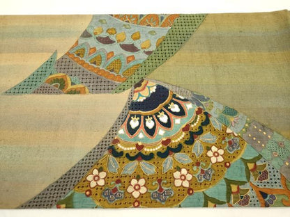 平和屋着物●中国三大刺繍　スワトウ刺繍　総刺繍　袋帯　紬地　幾何学花文　金糸　正絹　逸品　CABM7789dy